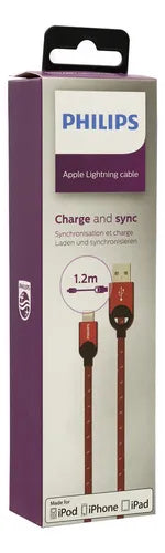 Cable Celular Lightning Trenzado Philips DLC2608N/97 - 1.2 Metros - Rojo - Carga y Sincronización