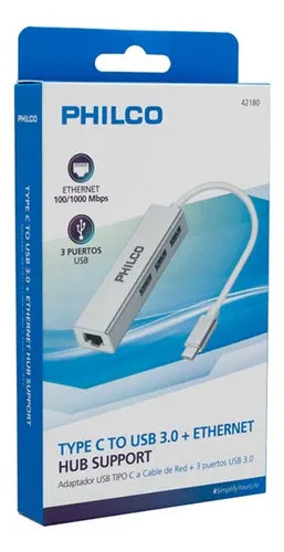 Hub USB-C Philco 4 en 1 - 3 Puertos USB 3.0, Ethernet Gigabit, OTG, Compatible con Mac/PC, Gris