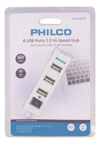 Hub USB 2.0 Philco 4 Puertos - Expansor de Conectividad, Color Blanco