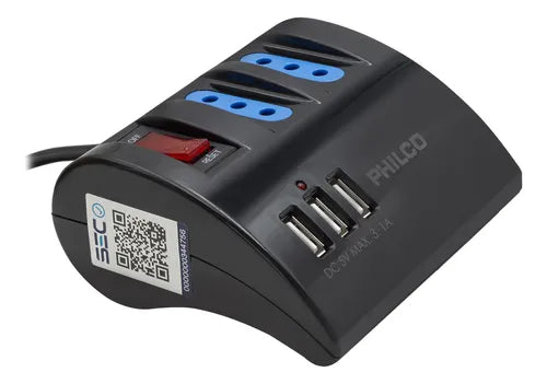 Alargador  Philco 3 Tomas AC + 3 USB - Carga Rápida 3.1A - Cable 1.5m Negro
