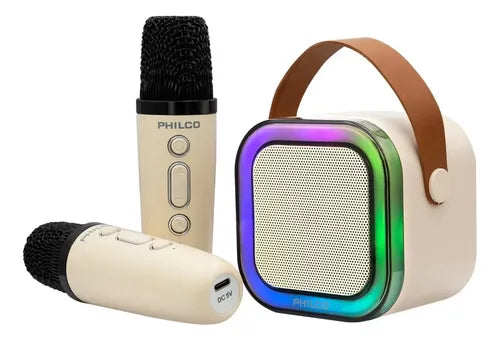 Parlante Karaoke Philco 731W TWS - 2 Micrófonos Inalámbricos, Luces RGB, Bluetooth 5.1, Radio FM, Puerto USB-C
