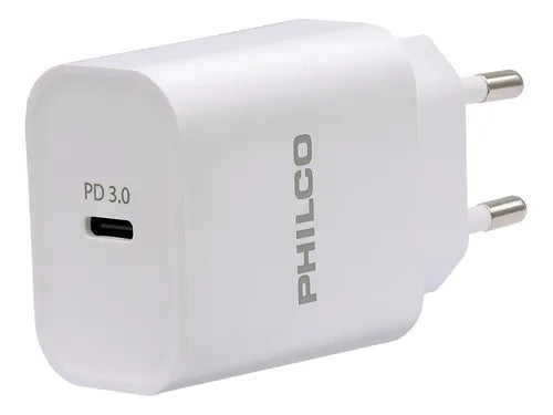 Cargador Celular de Pared Philco QC 3.0 20W - Puerto USB-C  Carga Rápida Inteligente - Blanco