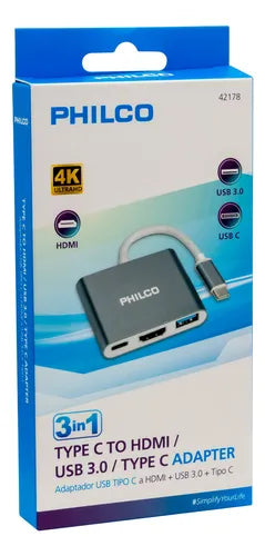 Hub USB-C 3 en 1 Philco - 4K HDMI, USB 3.0, Tipo C, Aluminum, Gris