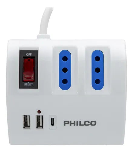 Alargador de Escritorio Philco 2044B - 3 Tomas AC + USB-C QC3.0 - Carga Rápida 2.4A - Cable 1.5m Blanco