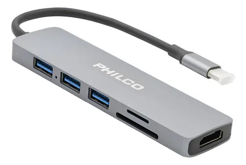Hub USB-C 6 en 1 Philco  Puerto HDMI 4K 3 USB 3.0  Lector de Tarjetas SD/Micro SD Gris