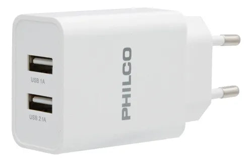 Cargador Celular  Doble USB Philco R2100 - Carga Rápida 2.1A + Cable Micro Usb Compatible Universal - Blanco