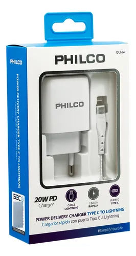 Cargador Celular  Rápido Philco QC624 20W + Cable Tipo C y Lightning Blanco
