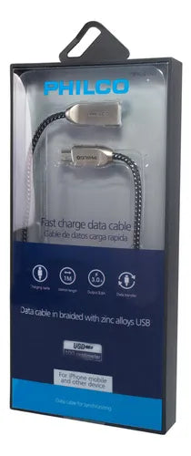 Cable Celular  de Carga y Datos Philco para iPhone - 1 Metro - Carga Rápida 3.0A - Negro