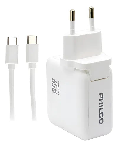 Cargador Celular  de Pared Philco 65W Doble Puerto USB-C + USB-A - Carga Rápida Qualcomm QC 3.0 blanco