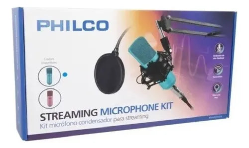 Kit Micrófono Pc Condensador USB Philco Azul Profesional - Estudio Grabación y Streaming