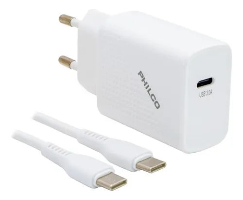 Cargador Celular  Rápido Philco QC621 20W USB-C + Cable Tipo C Incluido - Carga Rápida PD y QC 3.0 - Blanco