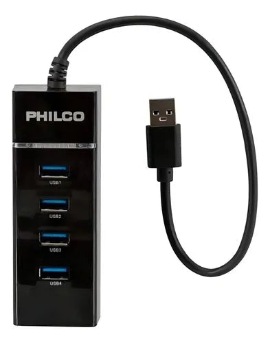 Hub USB 3.0 Philco HB30N - 4 Puertos con Iluminación LED, Transferencia 5Gbps, Negro