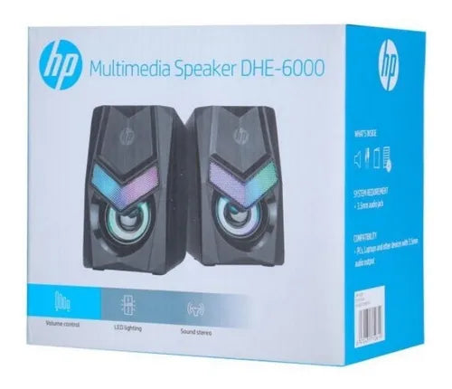 Parlante Pc Gamer HP DHE-6000 RGB para PC - Luz LED con Control Táctil - Sonido Estéreo 3W+3W - Color Negro