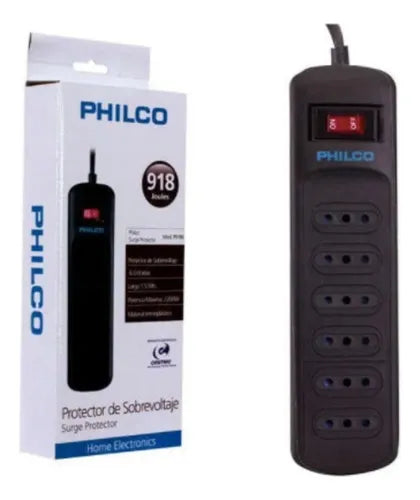 Alargador Philco con Protector de Sobretensión - 6 Tomas, 918 Joules, Cable 1.5m, 2200W Máximo