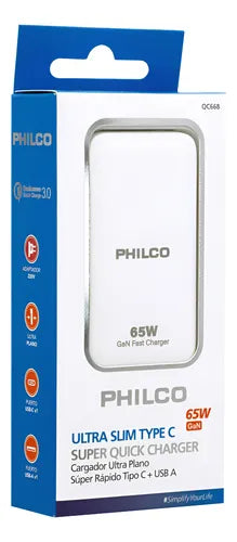 Cargador Celular  Ultra Plano Philco 65W QC668 - Dual Puerto USB-C + USB-A - Incluye Cable Tipo-C - Diseño para Viajes - Blanco