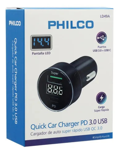 Cargador Celular para Auto Philco QC 3.0 + USB-C PD 30W con Pantalla LED - Carga Rápida Dual