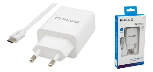 Cargador Celular  Rápido Philco QC620 18W + Cable Micro USB - Tecnología Qualcomm Quick Charge 3.0 - Blanco