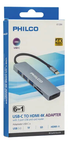 Hub USB-C 6 en 1 Philco  Puerto HDMI 4K 3 USB 3.0  Lector de Tarjetas SD/Micro SD Gris