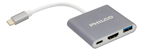 Hub USB-C 3 en 1 Philco - 4K HDMI, USB 3.0, Tipo C, Aluminum, Gris