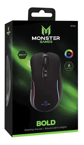 Mouse Gamer Monster Bold FPS 8000 DPI RGB Ajustable 6 Botones Cable Trenzado 1.5m