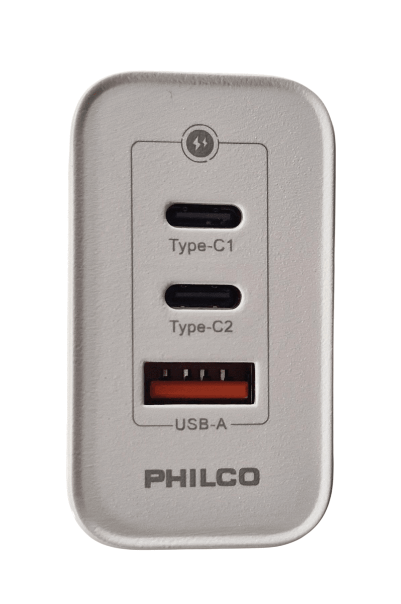 Cargador Celular  de Pared Philco 65W Doble Puerto USB-C + USB-A - Carga Rápida Qualcomm QC 3.0 blanco