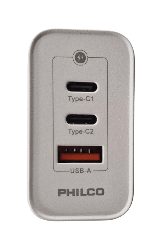 Cargador Celular  de Pared Philco 65W Doble Puerto USB-C + USB-A - Carga Rápida Qualcomm QC 3.0 blanco