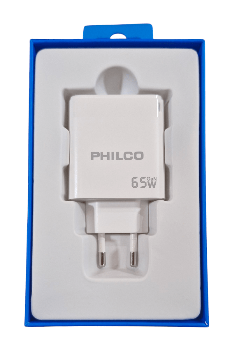 Cargador Celular  de Pared Philco 65W Doble Puerto USB-C + USB-A - Carga Rápida Qualcomm QC 3.0 blanco